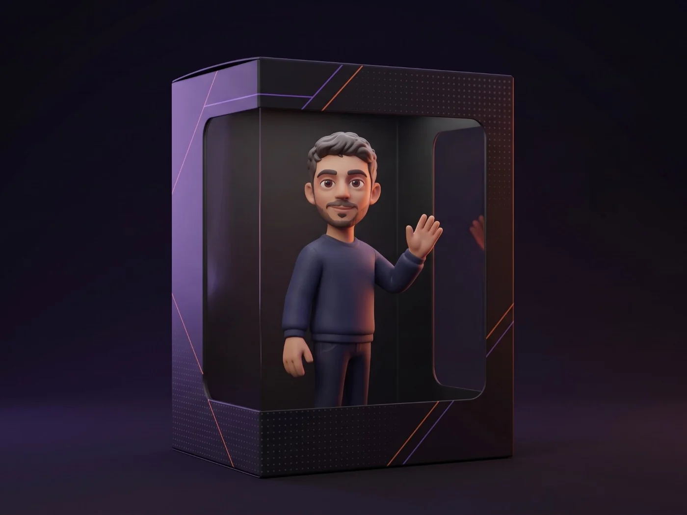 Matteo as a collectible figure in its box, waving